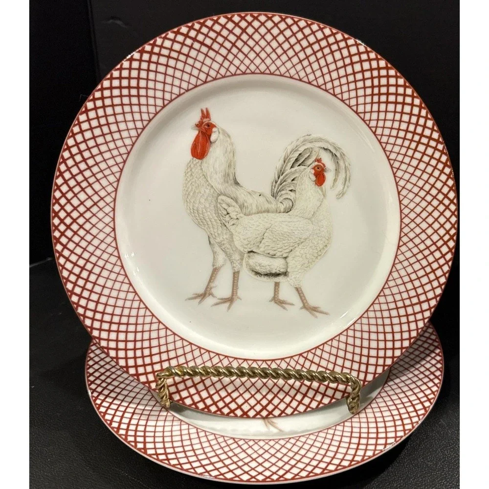 Haldon Group Devonshire Rooster‎ Hen White Leghorn Salad Plates Plate Set of 2